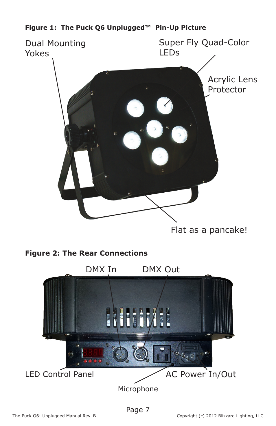 Ac power in/out dmx in dmx out, Acrylic lens protector | Blizzard Lighting The Puck Q6A Unplugged (Rev. B) User Manual | Page 7 / 20
