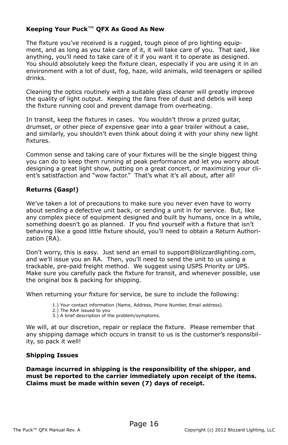 Page 16 | Blizzard Lighting QFX The Puck (Rev A) User Manual | Page 16 / 20