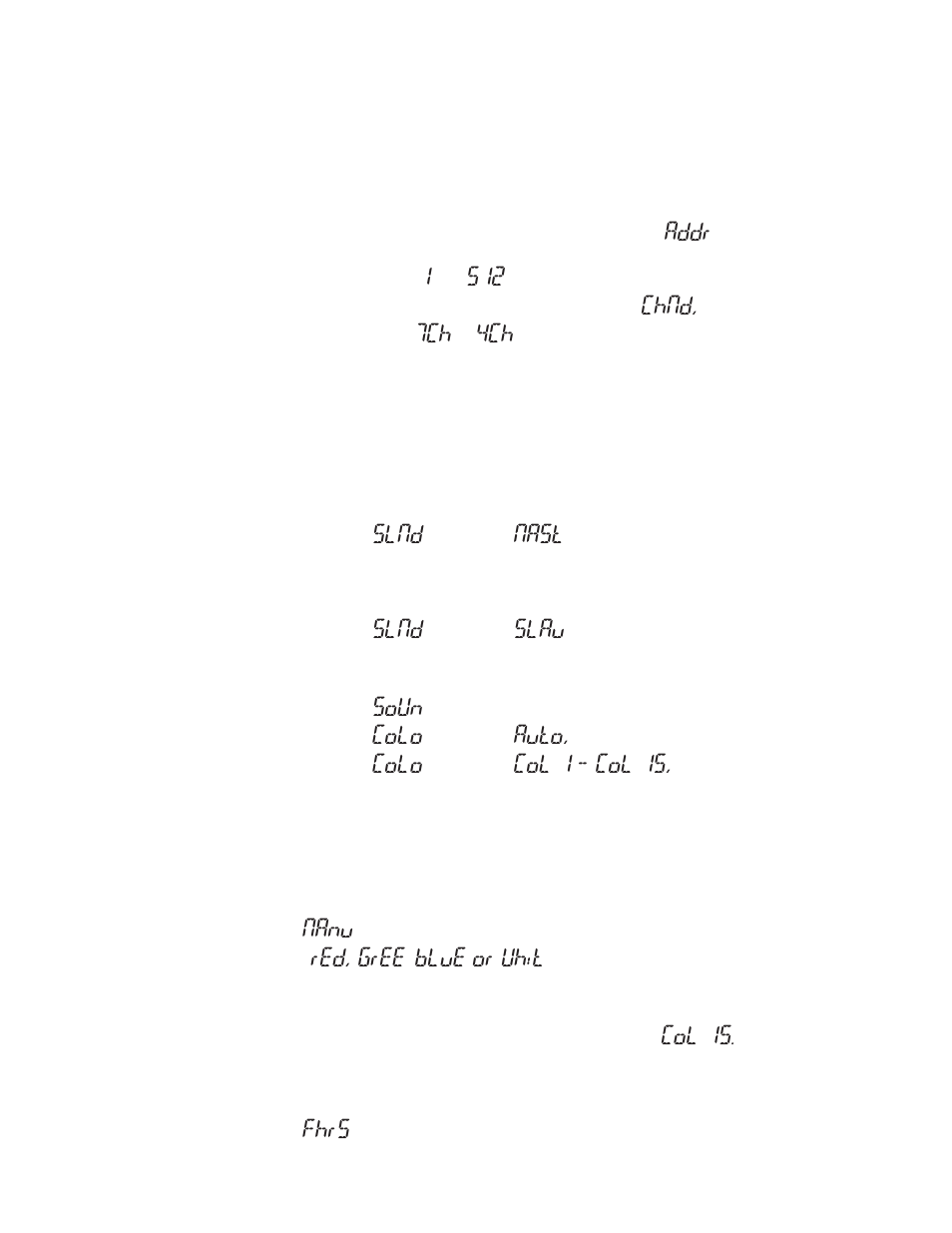 Operating adjustments, Addr, Chnd | Slnd, Nast, Slau, Soun, Colo, Auto, Col 1 - col 15 | Blizzard Lighting Q6A The Puck (Rev A) User Manual | Page 8 / 12