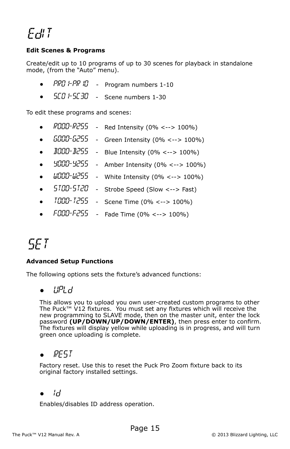 Edit, Upld, Rest | Blizzard Lighting V12 The Puck (REV A) User Manual | Page 15 / 24