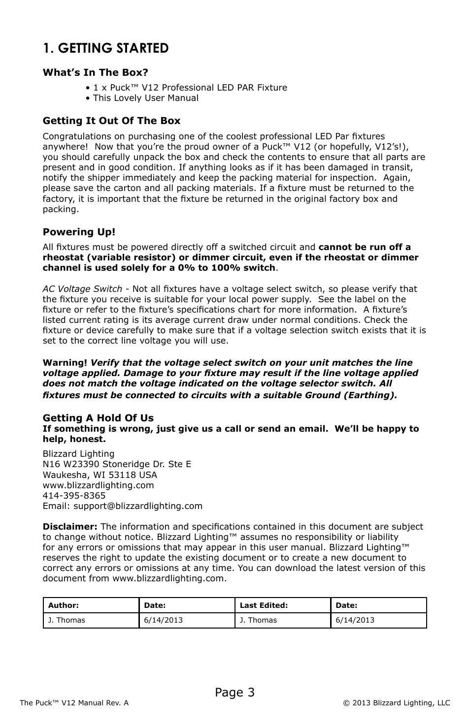 Getting started, Page 3 | Blizzard Lighting V12 The Puck (REV A) User Manual | Page 3 / 24