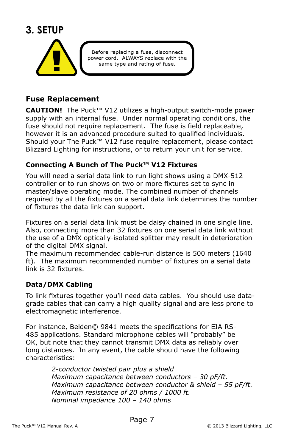 Setup, Page 7, Fuse replacement | Blizzard Lighting V12 The Puck (REV A) User Manual | Page 7 / 24