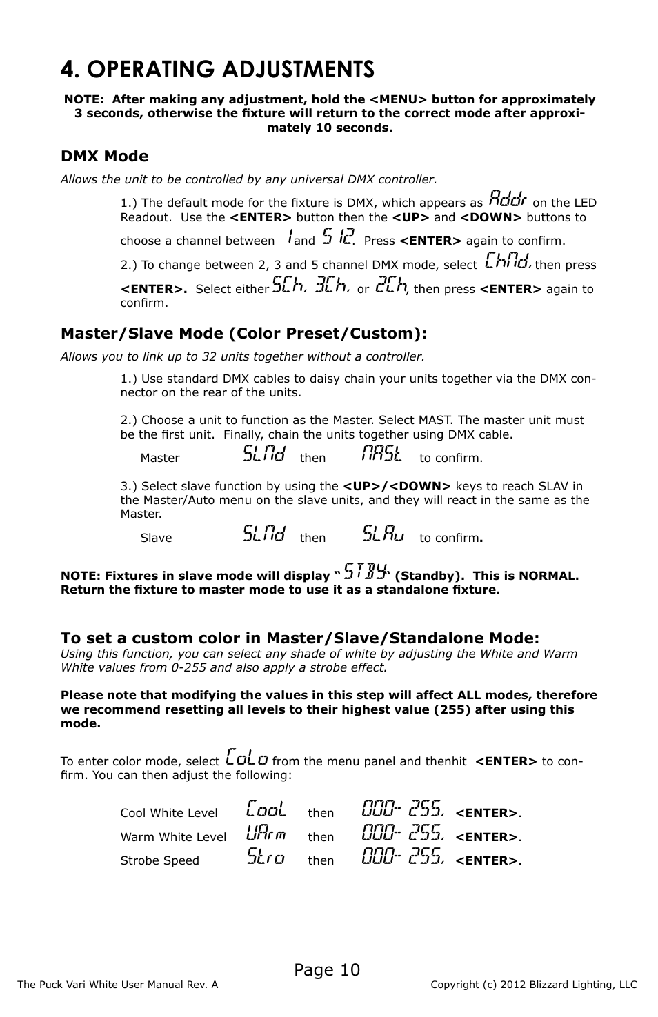 Operating adjustments, Addr, Chnd | 5ch, 3ch, Slnd, Nast, Slau, Stby, Colo, Cool | Blizzard Lighting Vari White The Puck (Rev A) User Manual | Page 10 / 16