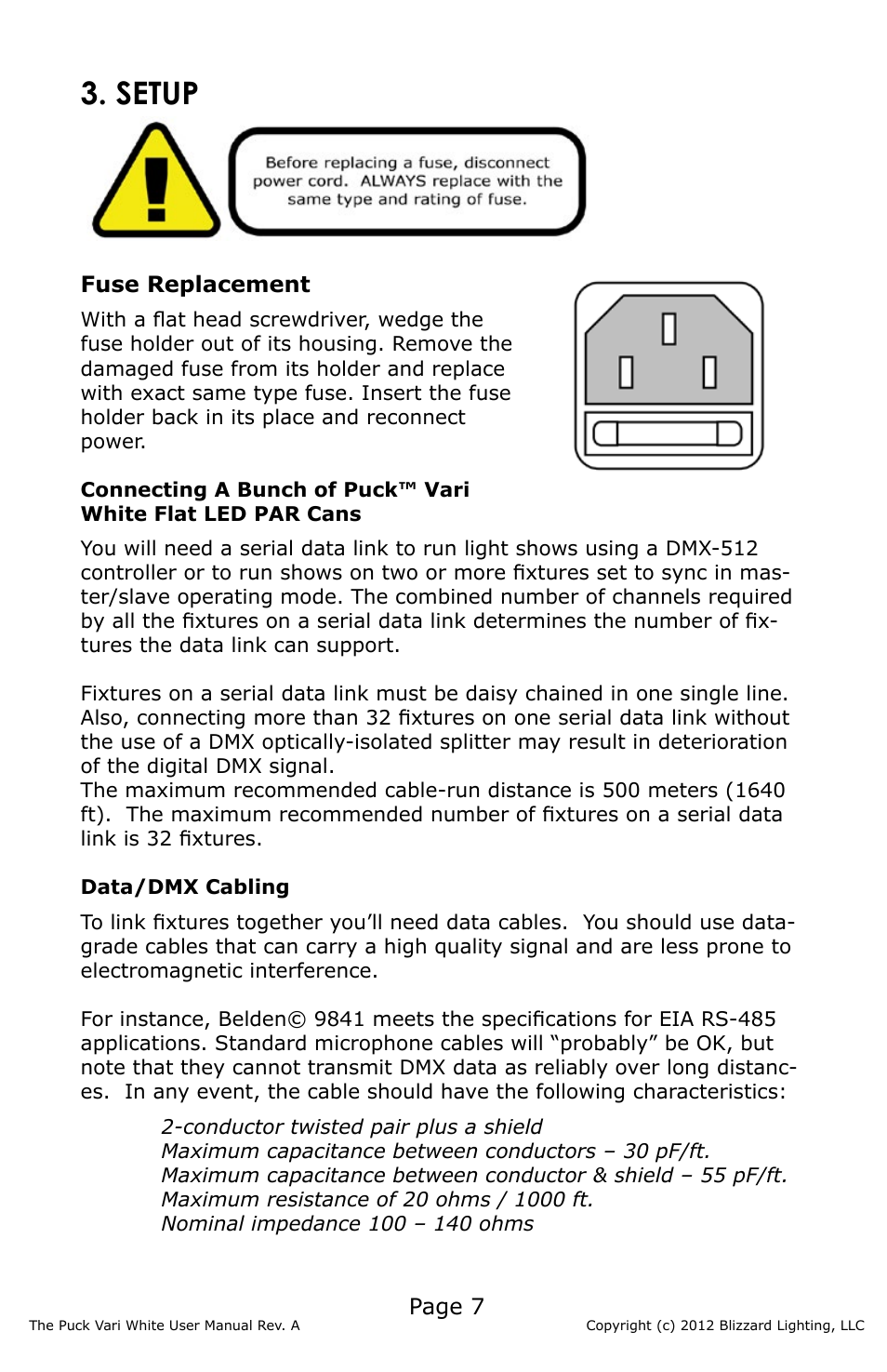 Setup, Page 7, Fuse replacement | Blizzard Lighting Vari White The Puck (Rev A) User Manual | Page 7 / 16