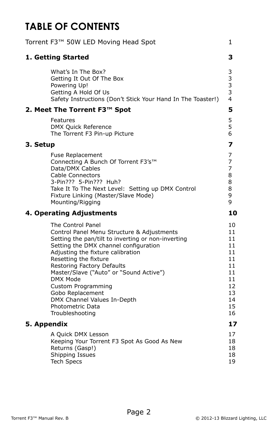 Blizzard Lighting F3 Torrent (Rev B) User Manual | Page 2 / 20