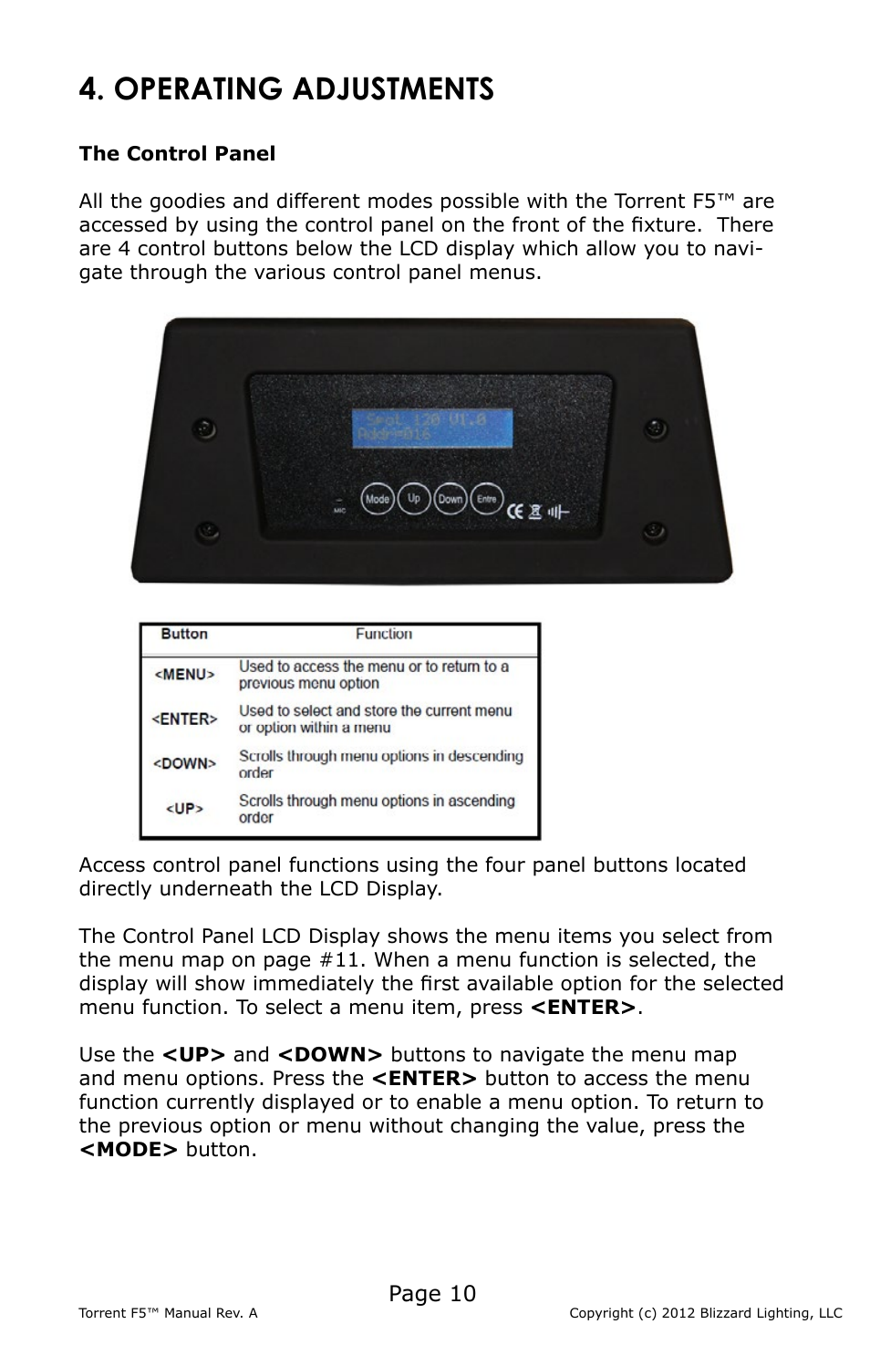 Operating adjustments, Page 10 | Blizzard Lighting F5 Torrent (Rev A) User Manual | Page 10 / 20