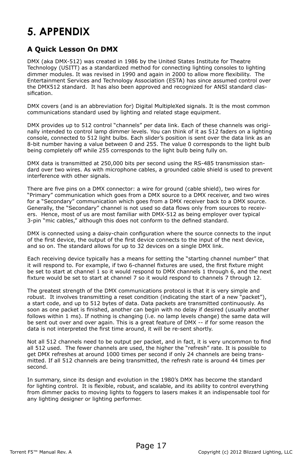 Appendix, Page 17, A quick lesson on dmx | Blizzard Lighting F5 Torrent (Rev A) User Manual | Page 17 / 20