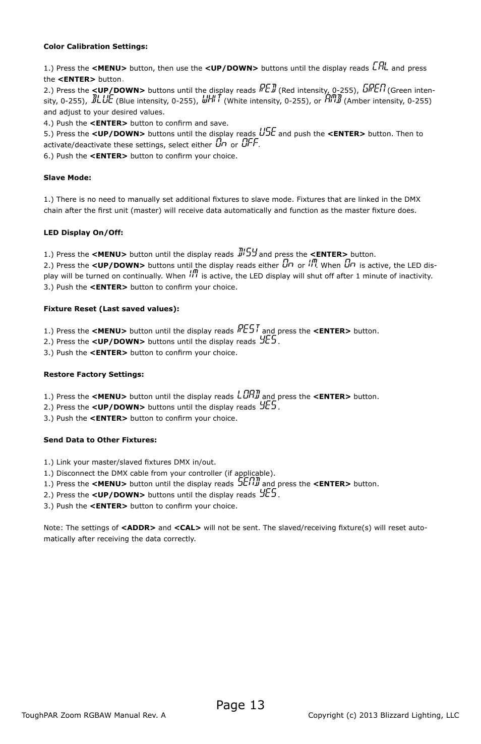 Page 13, Gren, Blue | Whit, Disy, Rest, Load, Send | Blizzard Lighting RGBAW ToughPar Zoom (Rev A) User Manual | Page 13 / 20