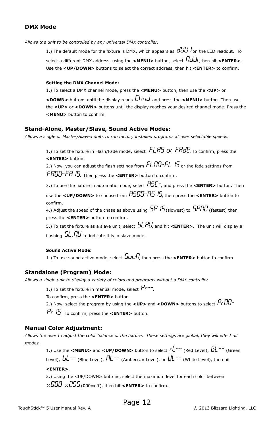 Page 12, D001, Addr | Chnd, Flas or fade, Fl00-fl15, Fa00-fa15, As00-as15, Sp15, Sp00 | Blizzard Lighting 5 ToughStick (Rev A) User Manual | Page 12 / 20