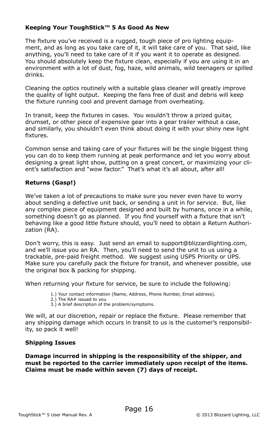 Page 16 | Blizzard Lighting 5 ToughStick (Rev A) User Manual | Page 16 / 20