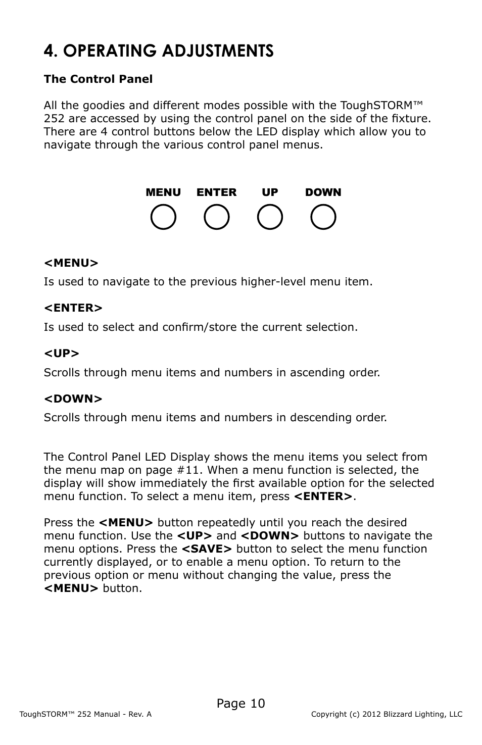 Operating adjustments | Blizzard Lighting 252 ToughSTORM (Rev A) User Manual | Page 10 / 20