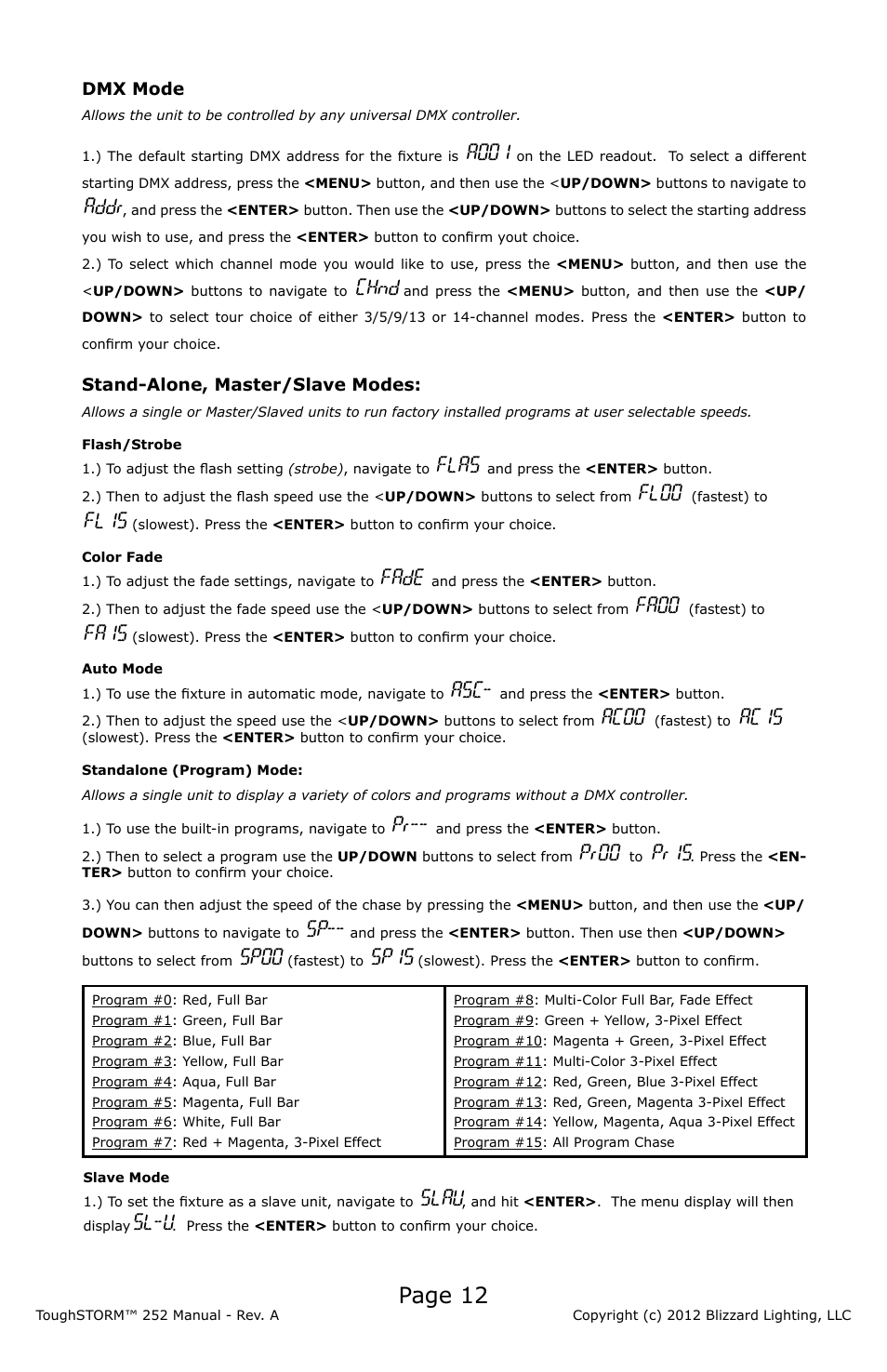 Page 12, A001, Addr | Chnd, Flas, Fl00, Fl15, Fade, Fa00, Fa15 | Blizzard Lighting 252 ToughSTORM (Rev A) User Manual | Page 12 / 20