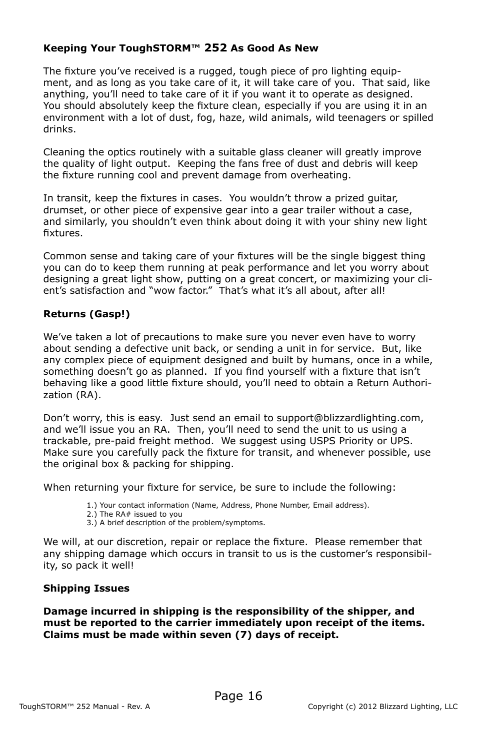 Page 16 | Blizzard Lighting 252 ToughSTORM (Rev A) User Manual | Page 16 / 20