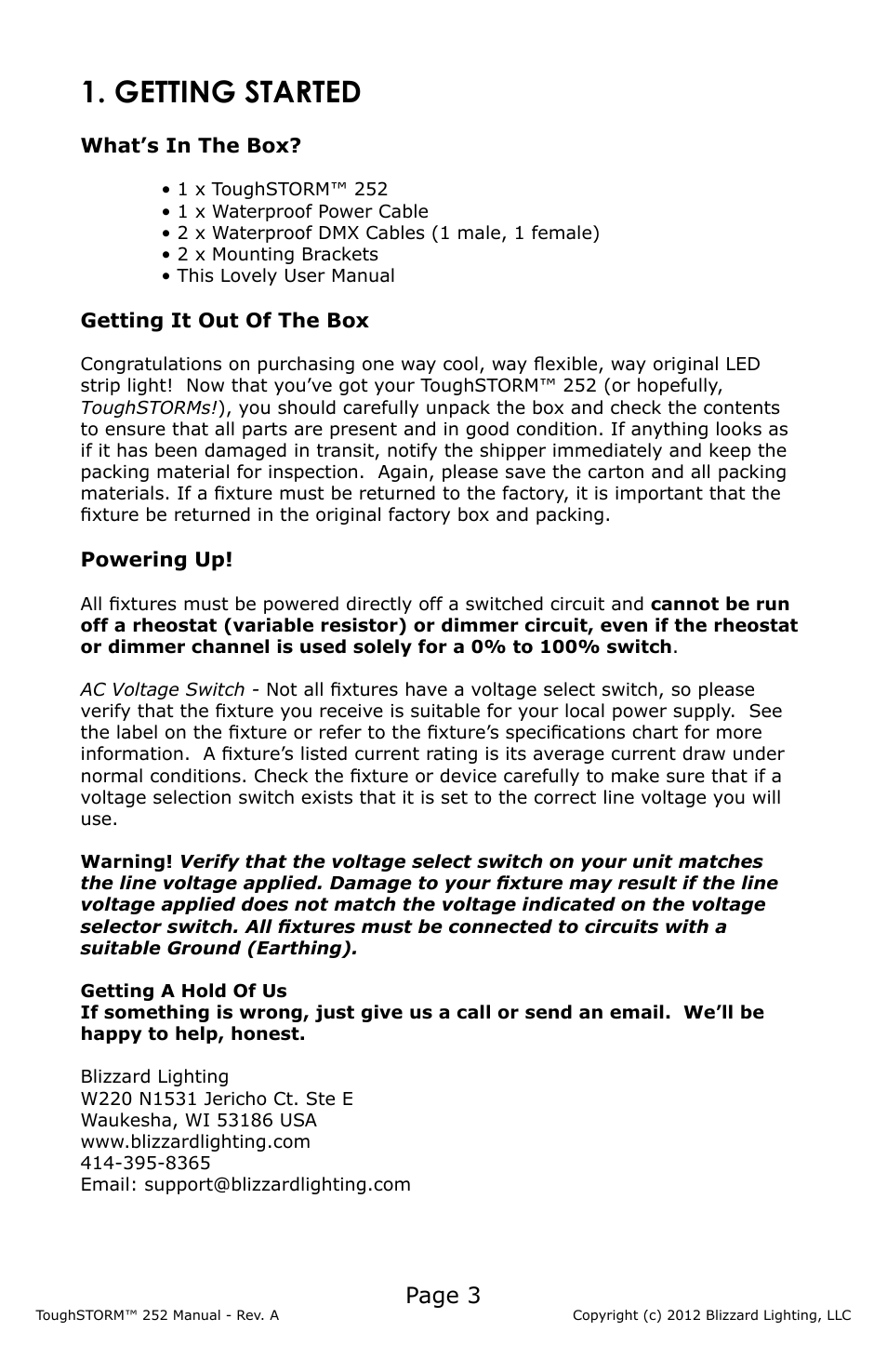 Getting started, Page 3 | Blizzard Lighting 252 ToughSTORM (Rev A) User Manual | Page 3 / 20