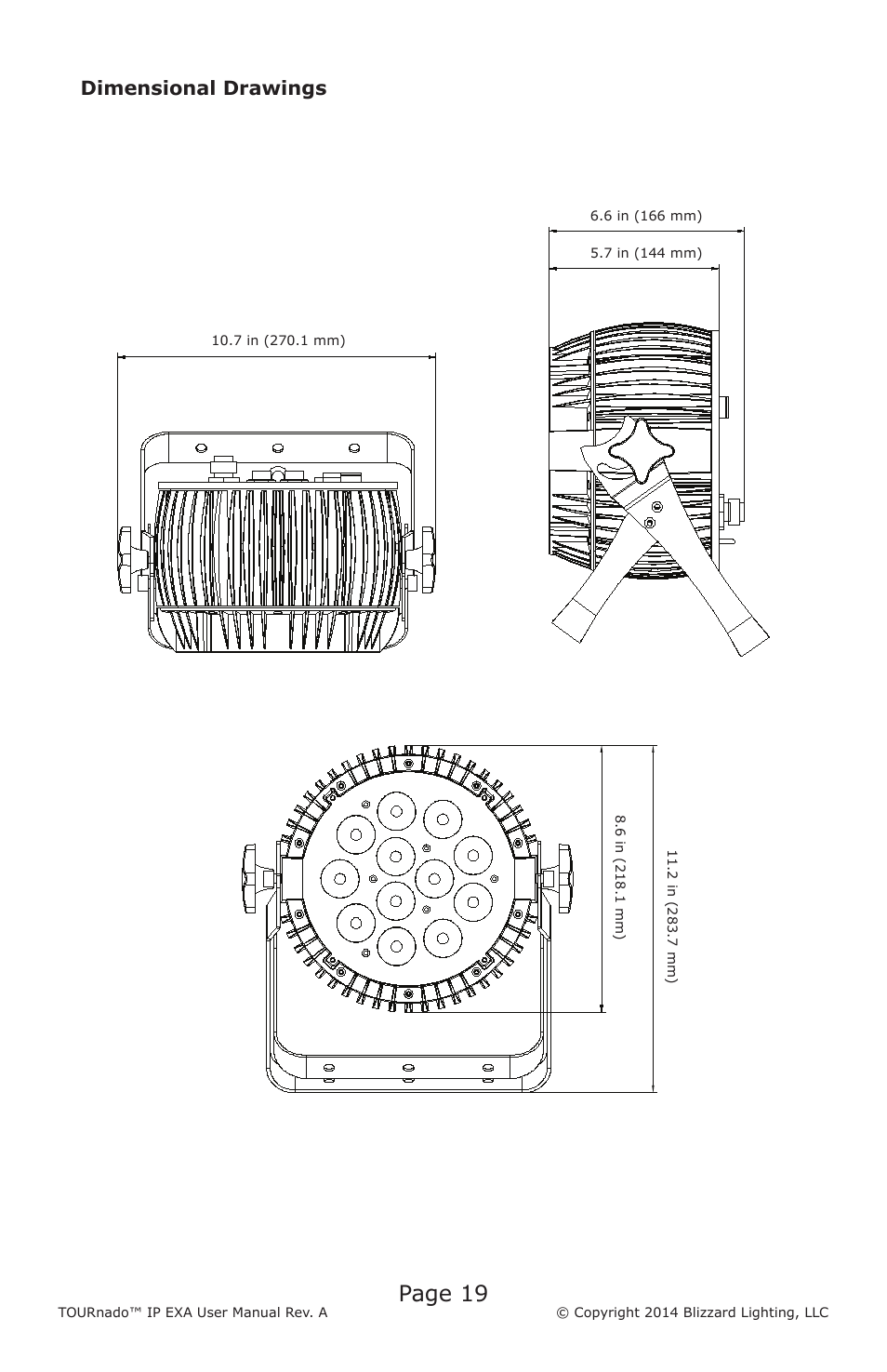 Page 19, Dimensional drawings | Blizzard Lighting TOURnado IP EXA User Manual | Page 19 / 20