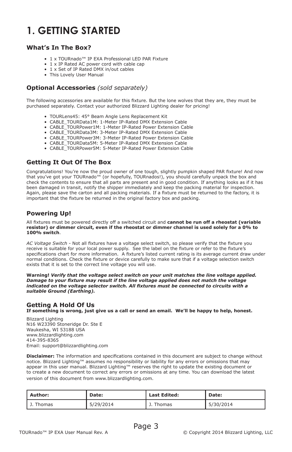 Getting started, Page 3, What’s in the box | Optional accessories (sold separately), Getting it out of the box, Powering up, Getting a hold of us | Blizzard Lighting TOURnado IP EXA User Manual | Page 3 / 20