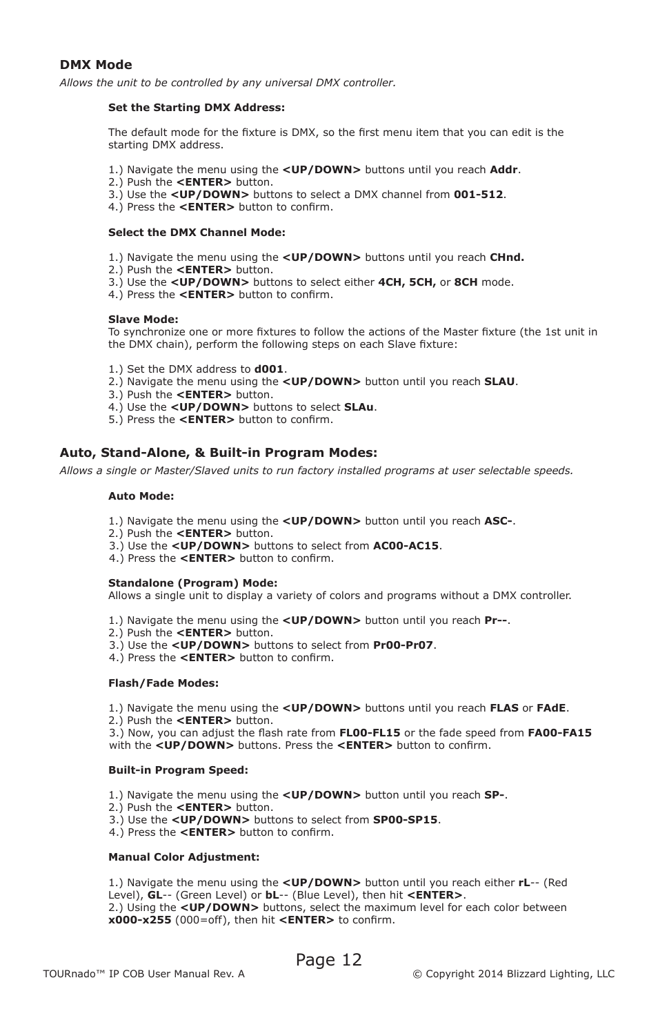 Page 12 | Blizzard Lighting TOURnado IP COB (Rev A) User Manual | Page 12 / 20