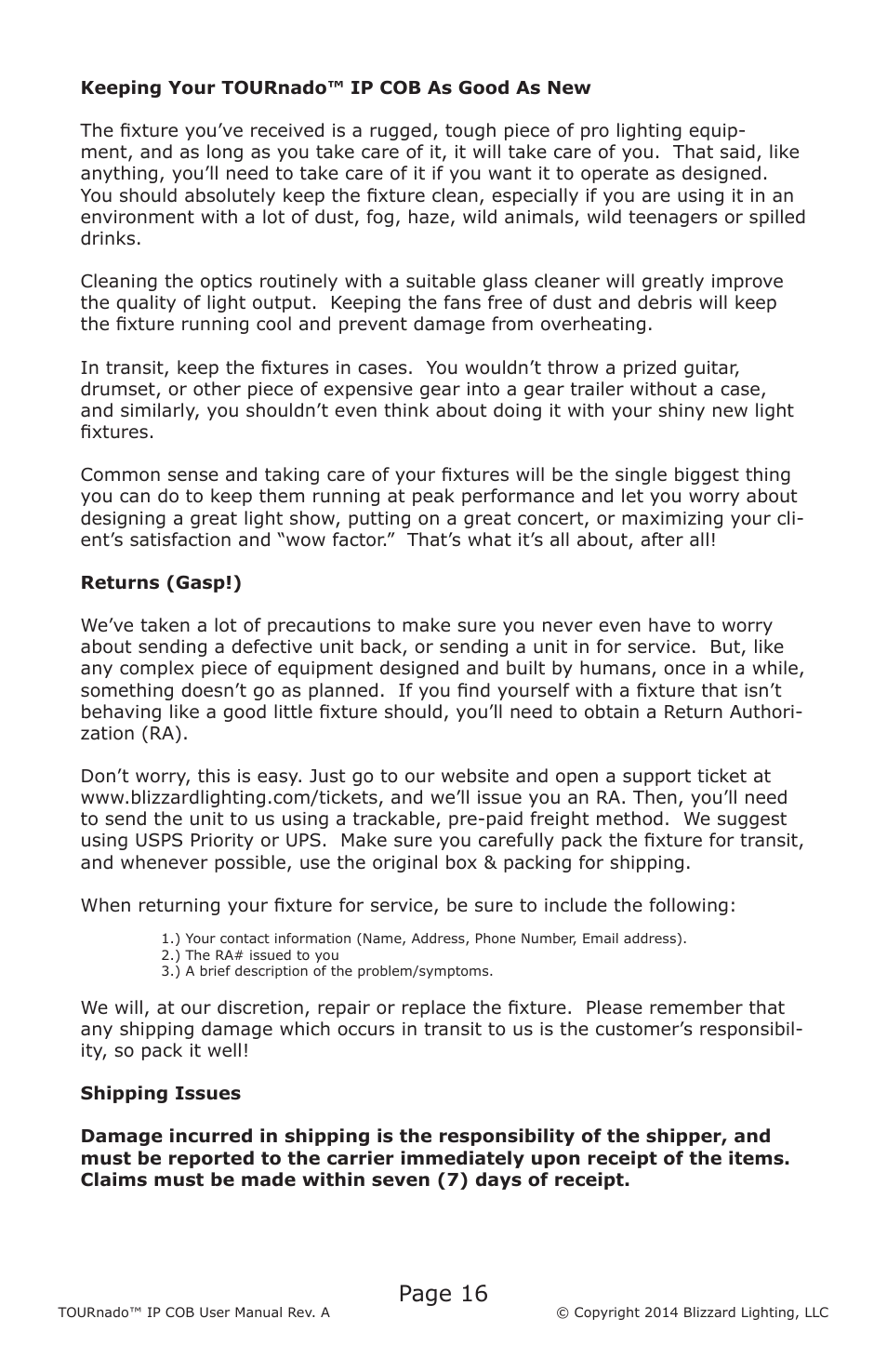 Page 16 | Blizzard Lighting TOURnado IP COB (Rev A) User Manual | Page 16 / 20