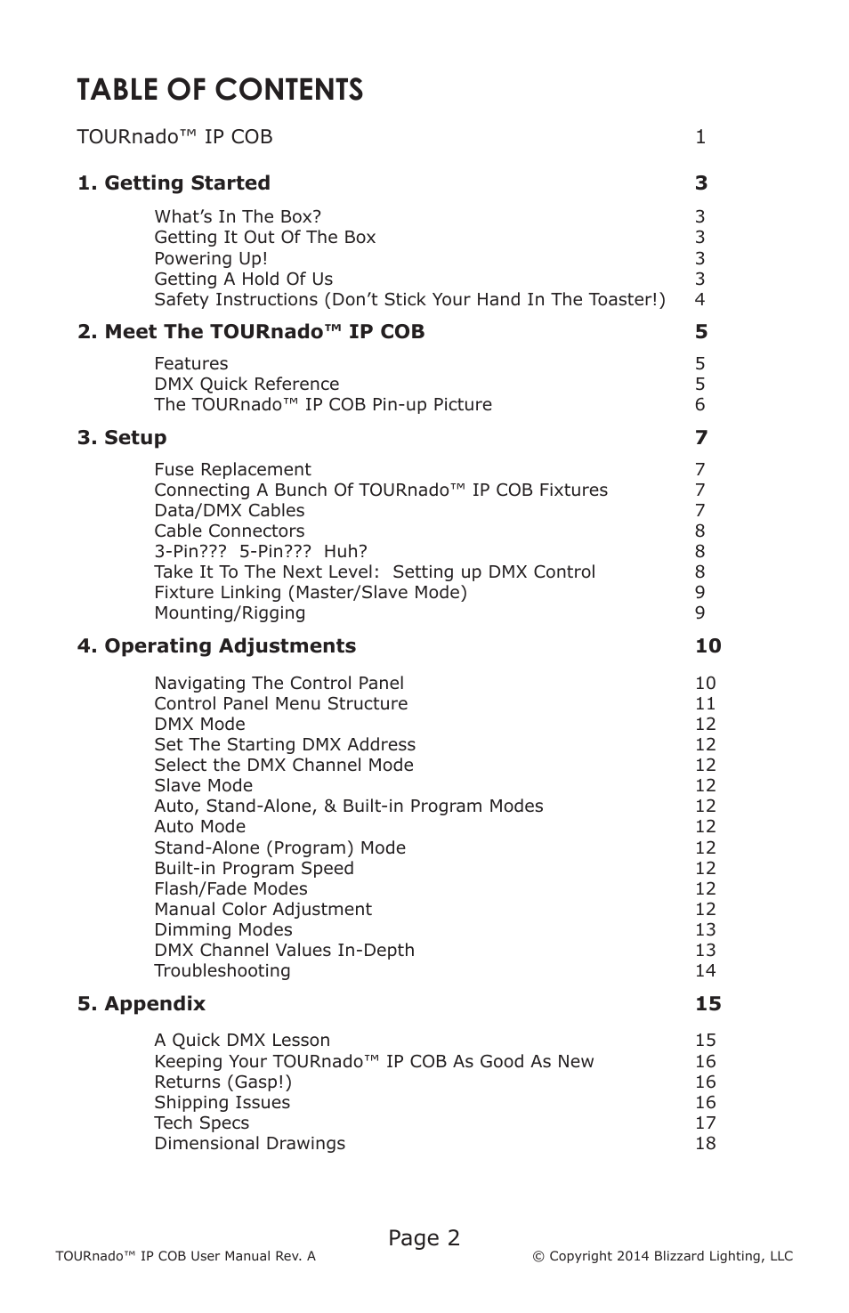 Blizzard Lighting TOURnado IP COB (Rev A) User Manual | Page 2 / 20