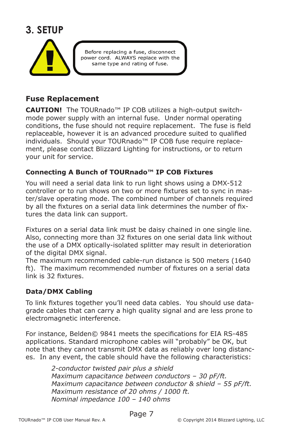 Setup, Page 7, Fuse replacement | Blizzard Lighting TOURnado IP COB (Rev A) User Manual | Page 7 / 20