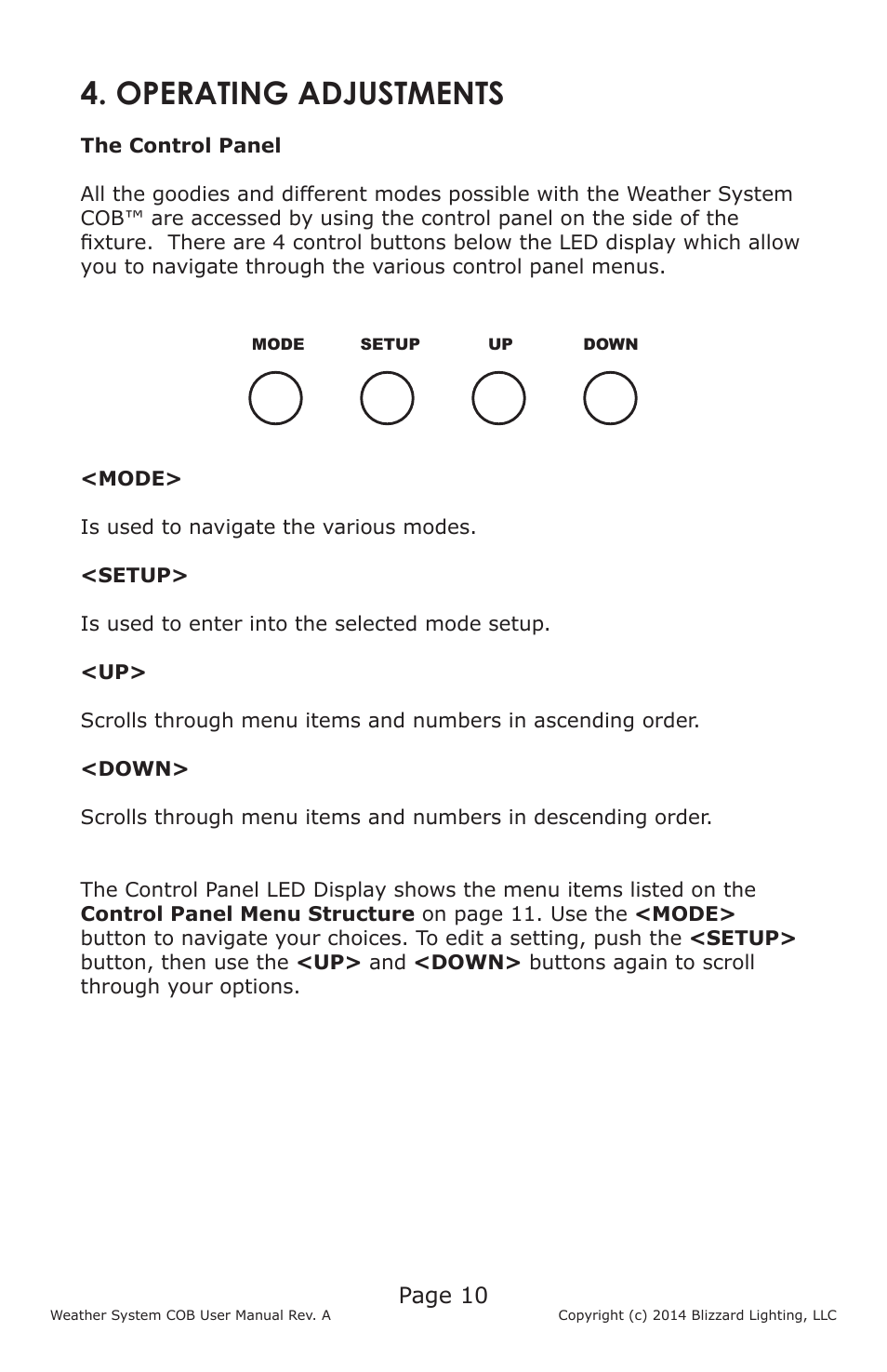 Operating adjustments, Page 10 | Blizzard Lighting Weather System COB User Manual | Page 10 / 20