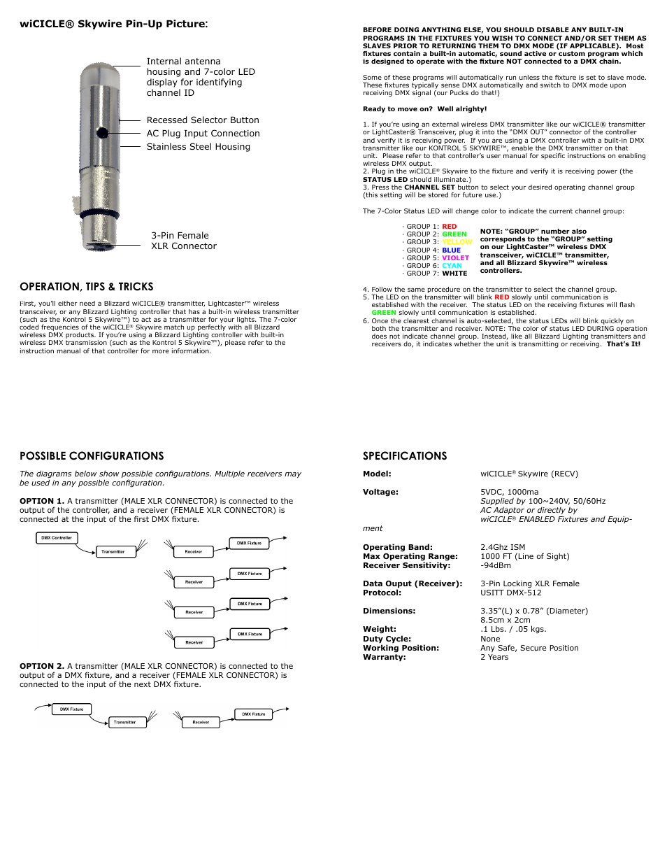 Possible configurations, Specifications, Operation, tips & tricks | Wicicle® skywire pin-up picture | Blizzard Lighting wiCICLE Skywire (Rev A) User Manual | Page 2 / 2