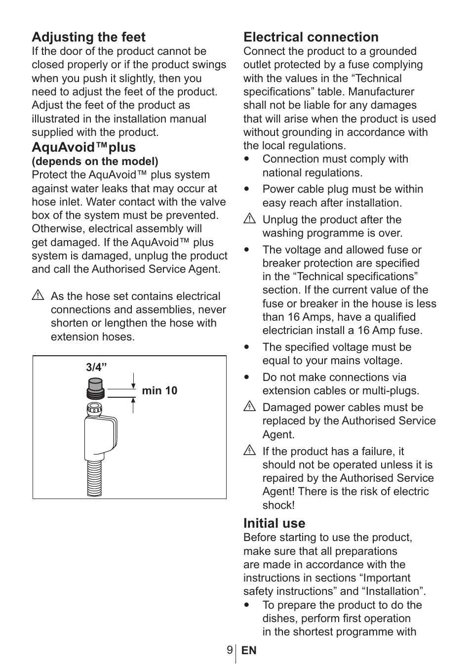 Adjusting the feet, Aquavoid™plus, Electrical connection | Initial use | Blomberg GIN 9487 E User Manual | Page 10 / 43