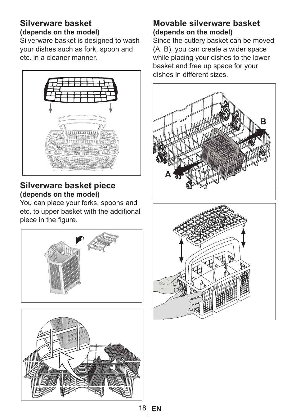 Silverware basket, Silverware basket piece, Movable silverware basket | Blomberg GIN 9487 E User Manual | Page 19 / 43