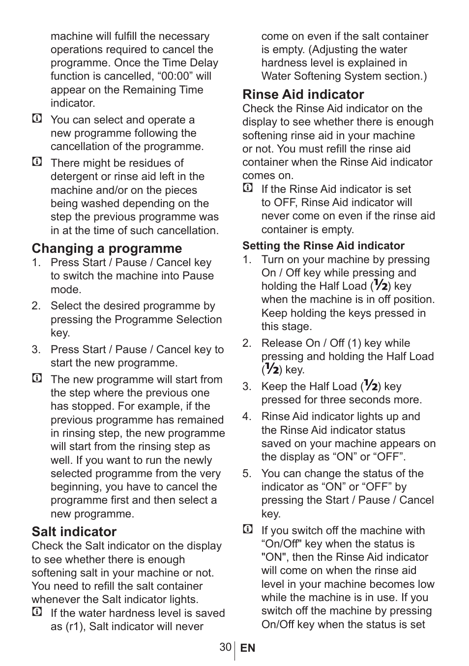 Changing a programme, Salt indicator, Rinse aid indicator | Blomberg GIN 9487 E User Manual | Page 31 / 43