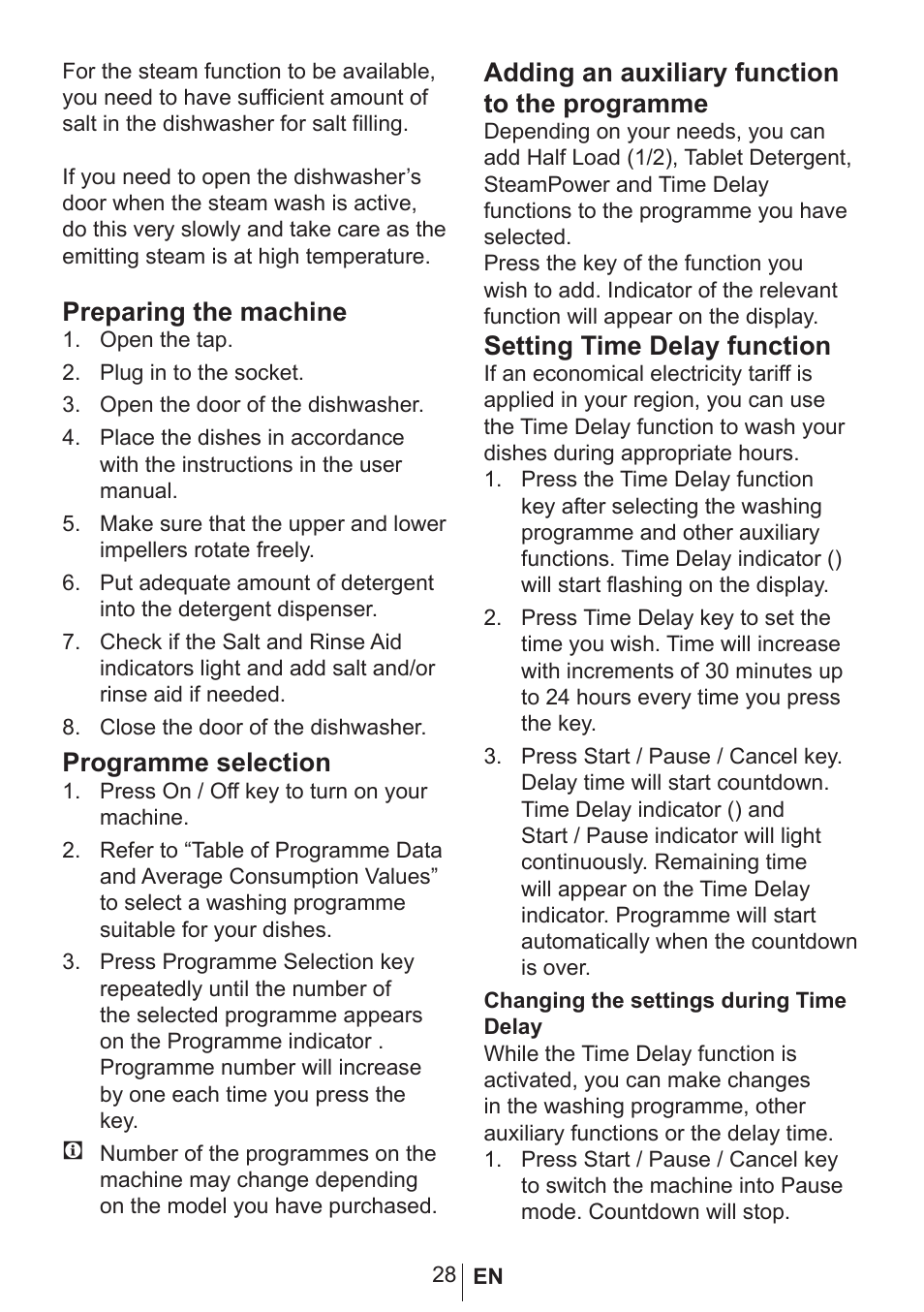 Preparing the machine, Programme selection, Adding an auxiliary function to the programme | Setting time delay function | Blomberg GIN 9483 ED User Manual | Page 29 / 43