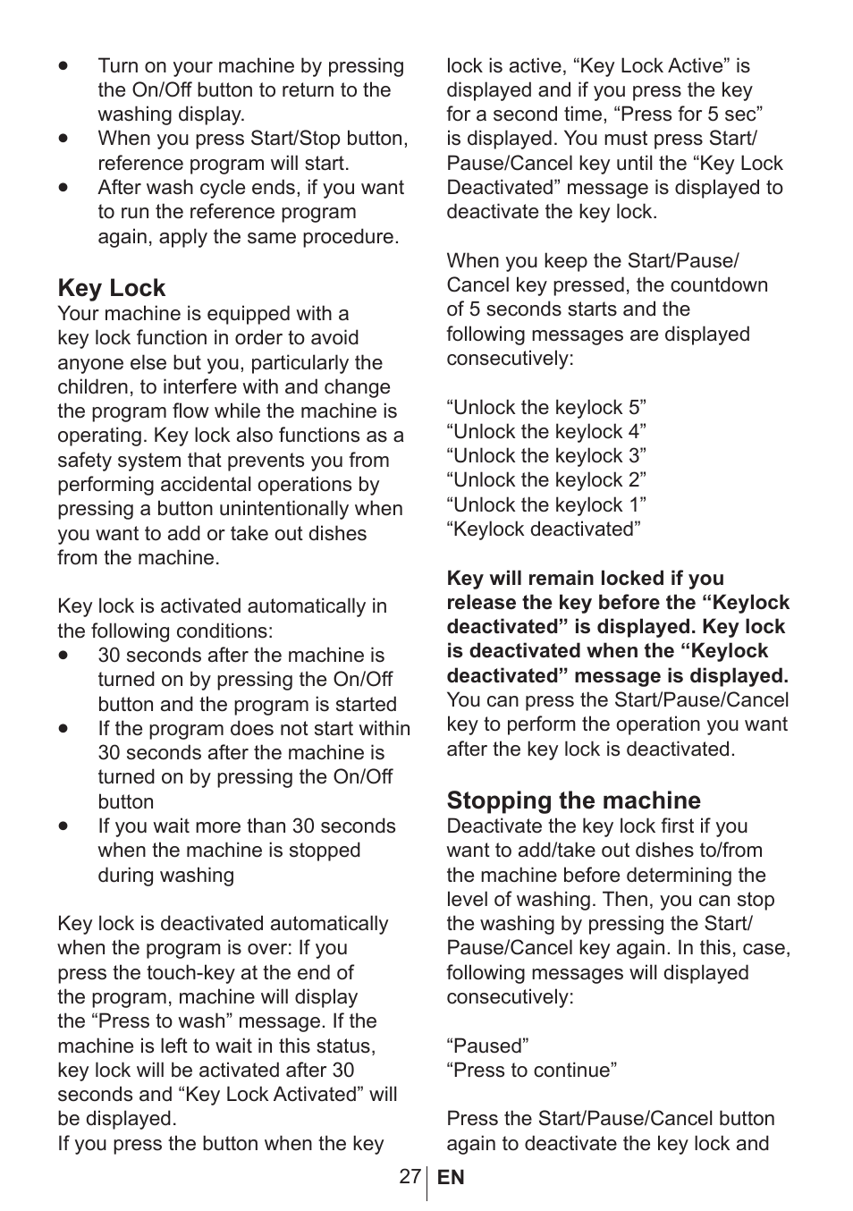 Key lock, Stopping the machine | Blomberg smarTouch BUXB20 User Manual | Page 28 / 42