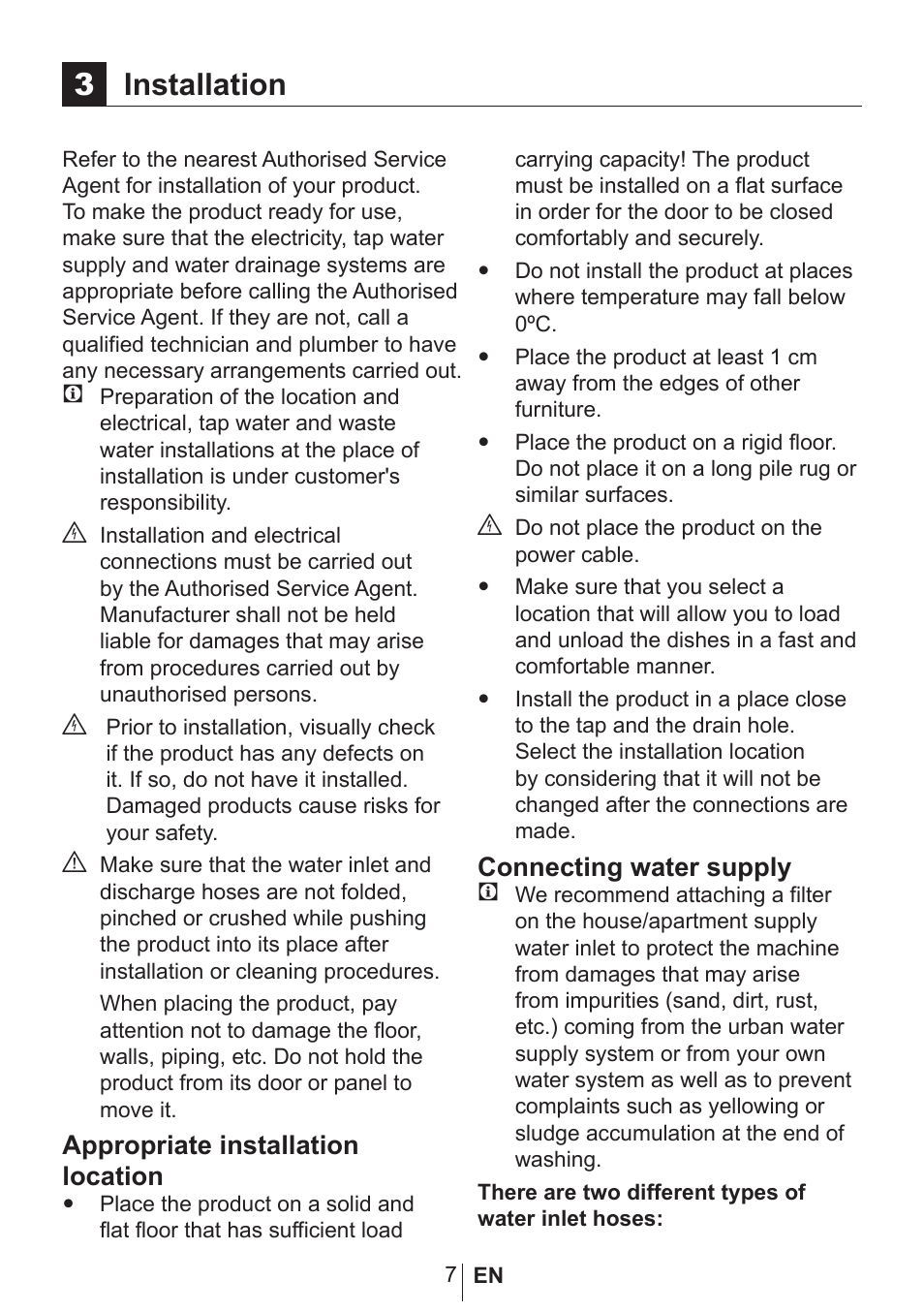 3installation, Appropriate installation location, Connecting water supply c | Blomberg GSN 9583 XB630 User Manual | Page 8 / 47