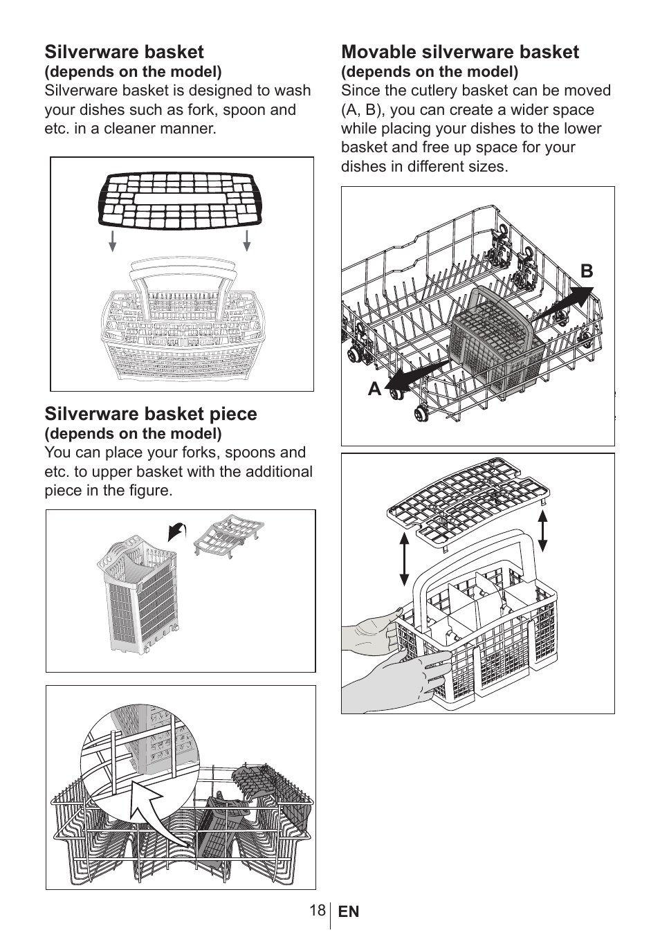 Silverware basket, Silverware basket piece, Movable silverware basket | Blomberg GSN 9483 XB20 User Manual | Page 19 / 43