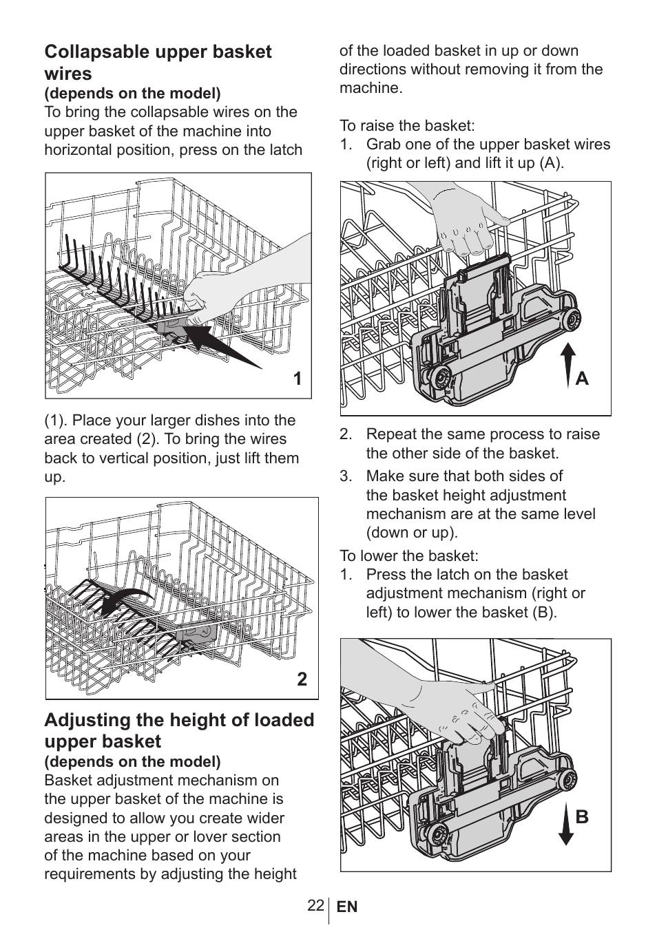 Collapsable upper basket wires, Adjusting the height of loaded upper basket | Blomberg GSN 9483 XB20 User Manual | Page 23 / 43