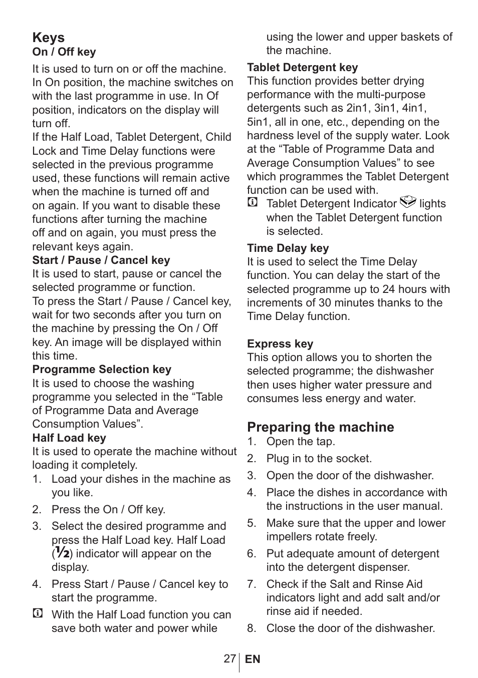 Keys, Preparing the machine | Blomberg GSN 9483 XB20 User Manual | Page 28 / 43