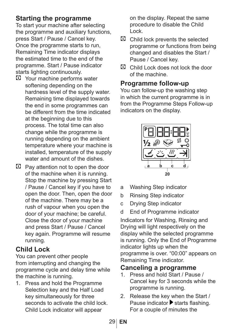 Starting the programme, Child lock, Programme follow-up | Canceling a programme | Blomberg GSN 9483 XB20 User Manual | Page 30 / 43