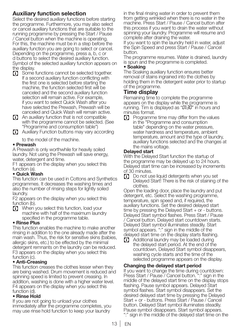 Auxiliary function selection, Time display | Blomberg WNF 8447 RCE30 User Manual | Page 13 / 71