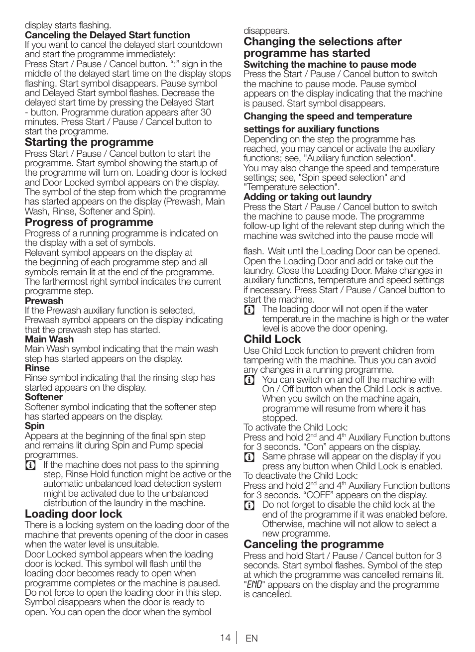 Starting the programme, Progress of programme, Loading door lock | Child lock, Canceling the programme | Blomberg WNF 8447 RCE30 User Manual | Page 14 / 71