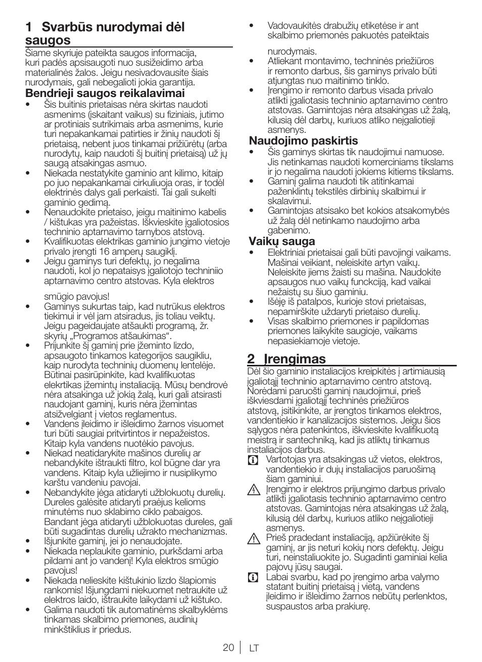 1 svarbūs nurodymai dėl saugos, 2 įrengimas | Blomberg WNF 8447 RCE30 User Manual | Page 20 / 71