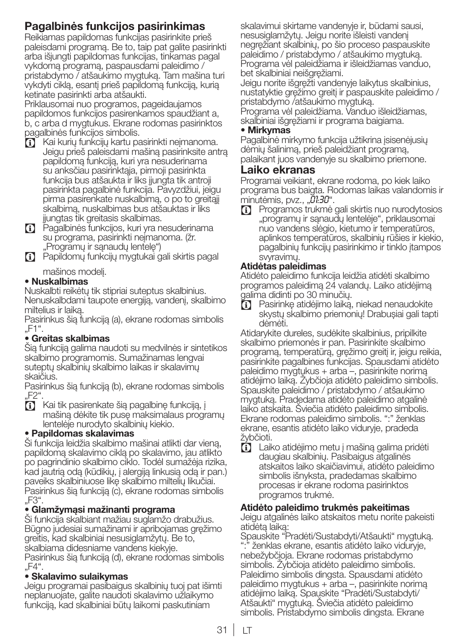 Pagalbinės funkcijos pasirinkimas, Laiko ekranas | Blomberg WNF 8447 RCE30 User Manual | Page 31 / 71