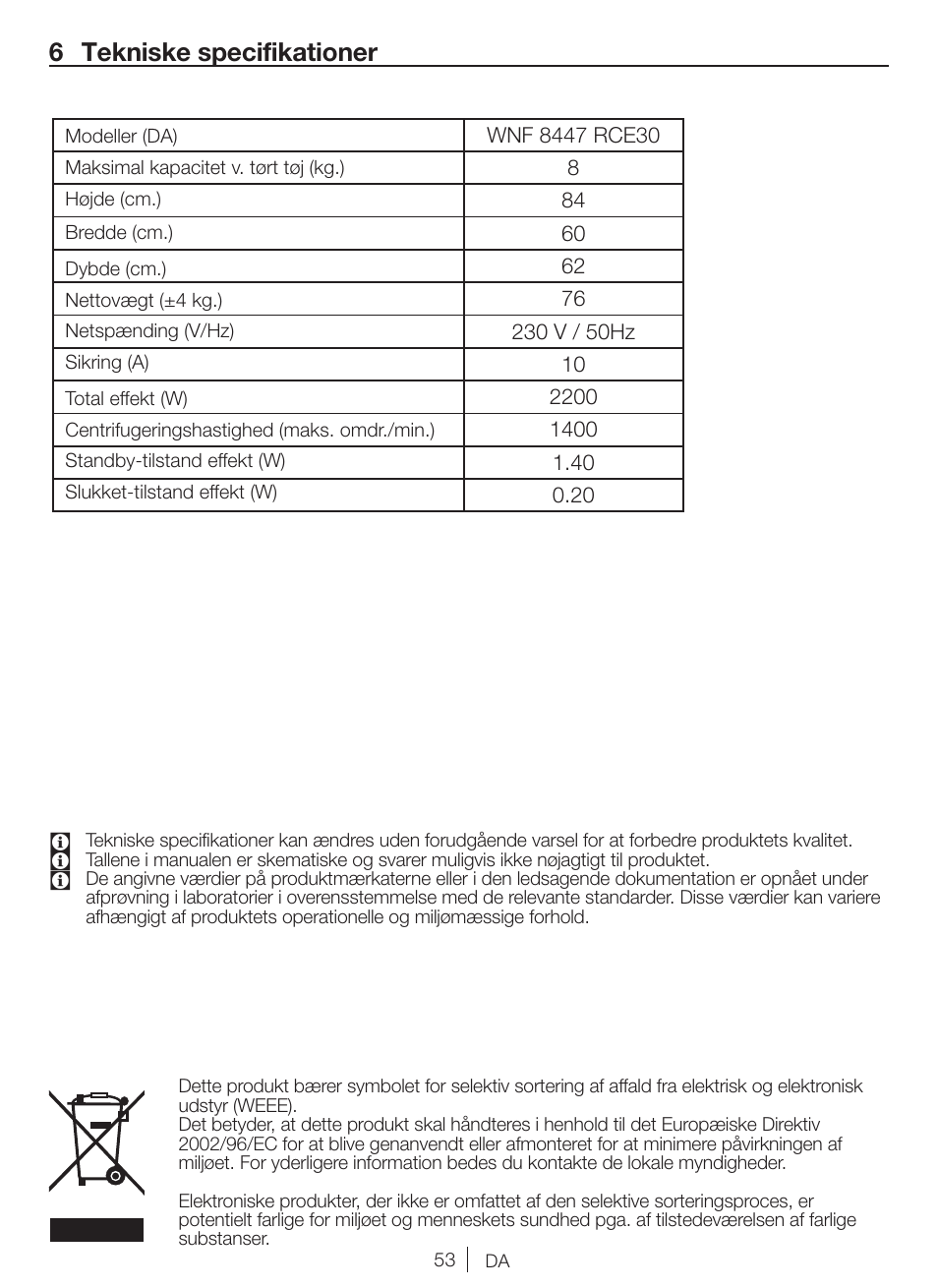 6 tekniske specifikationer | Blomberg WNF 8447 RCE30 User Manual | Page 53 / 71