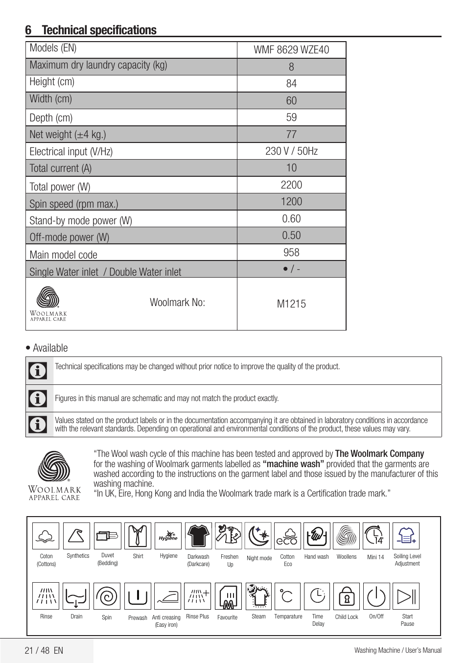 6 technical specifications | Blomberg WMF 8629 WZE40 User Manual | Page 21 / 48