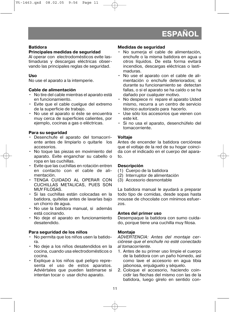 Español | Vitek VT-1463 User Manual | Page 13 / 32