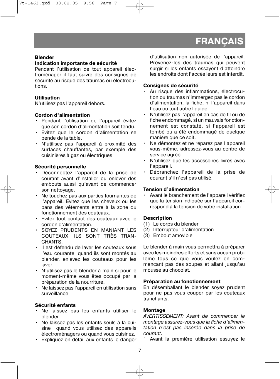 Français | Vitek VT-1463 User Manual | Page 9 / 32