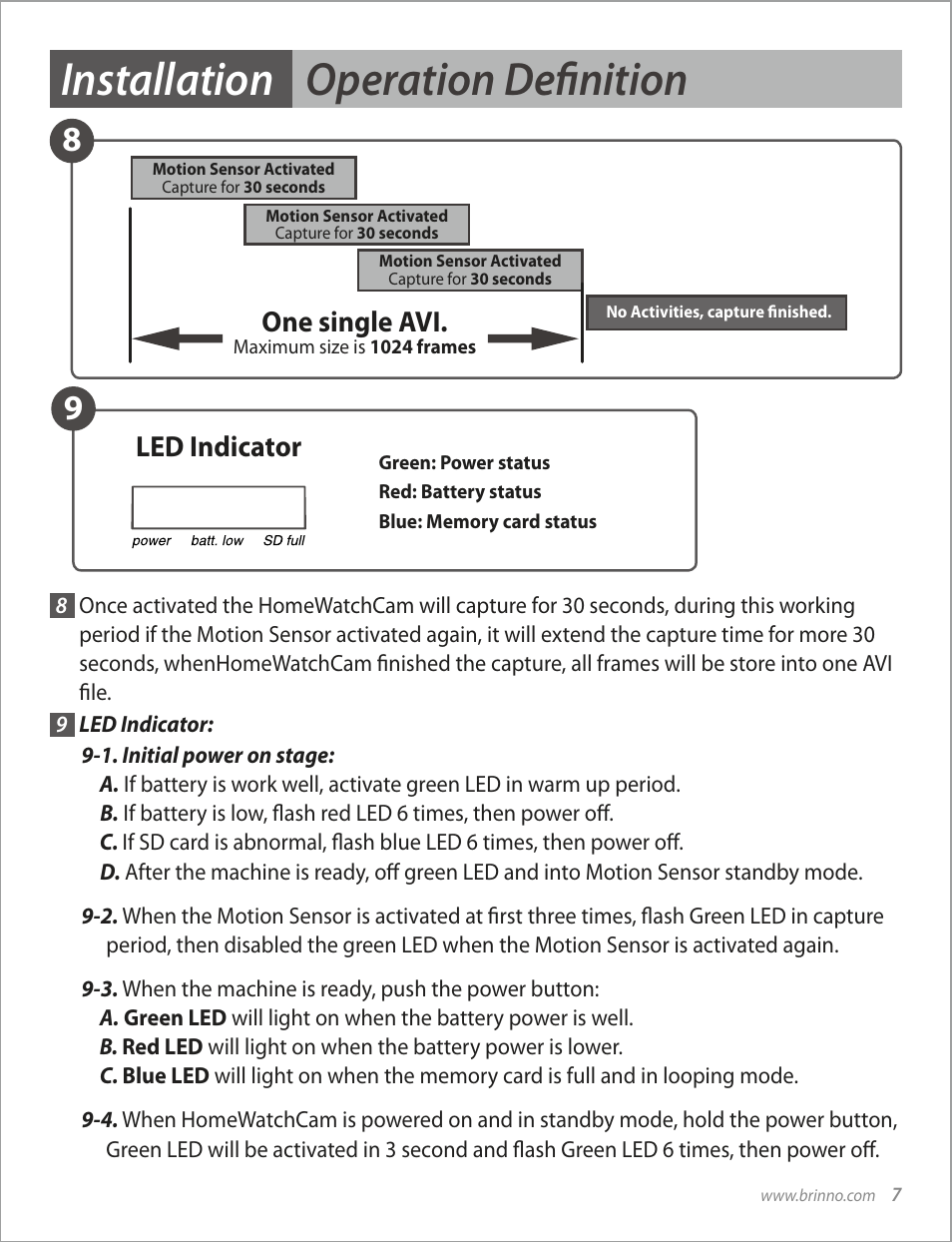 Installation operation definition, One single avi, Led indicator | Brinno MAC100 User Manual | Page 9 / 16