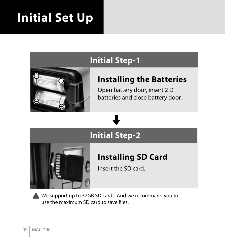 Initial set up, Installing sd card, Initial step-2 installing the batteries | Initial step-1 | Brinno MAC200 User Manual | Page 16 / 52
