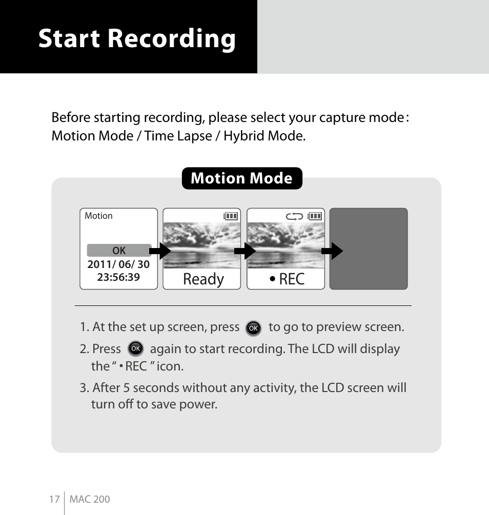 Start recording, Ready, Motion mode | Brinno MAC200 User Manual | Page 24 / 52