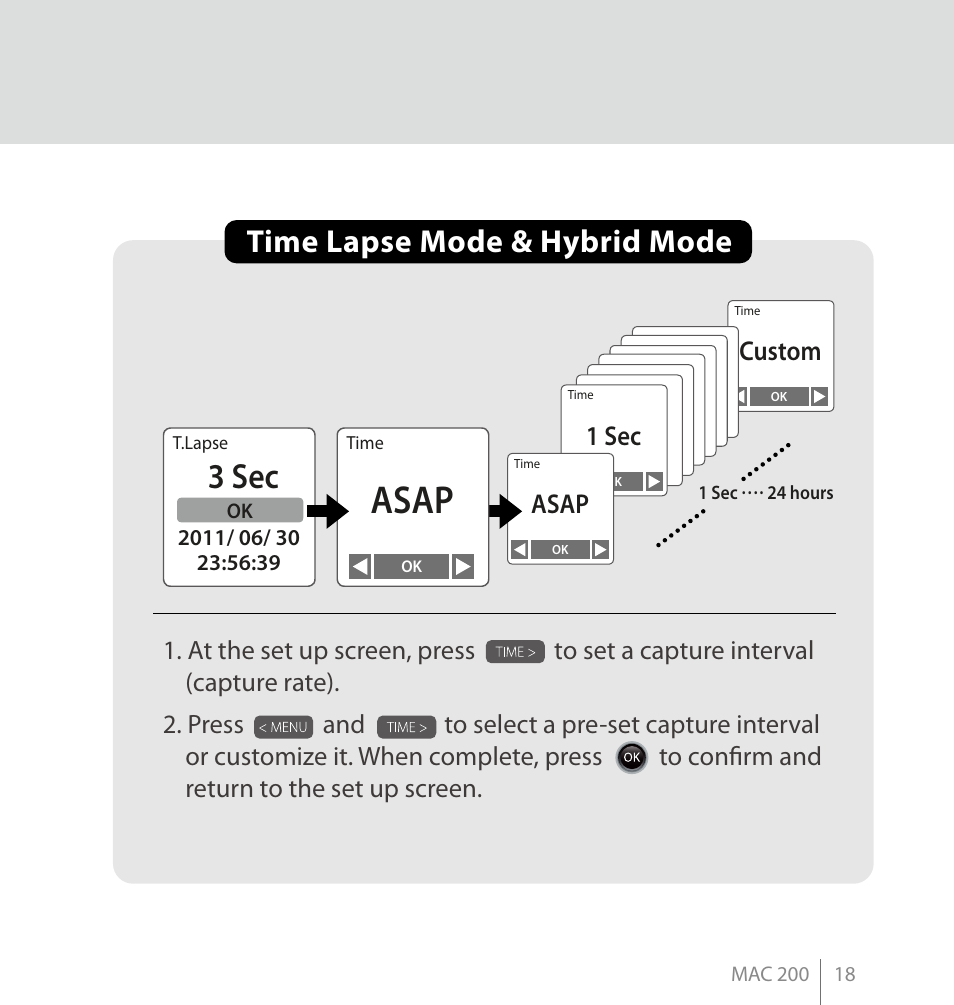 3 sec, Time lapse mode & hybrid mode, Custom | 1 sec, Asap | Brinno MAC200 User Manual | Page 25 / 52