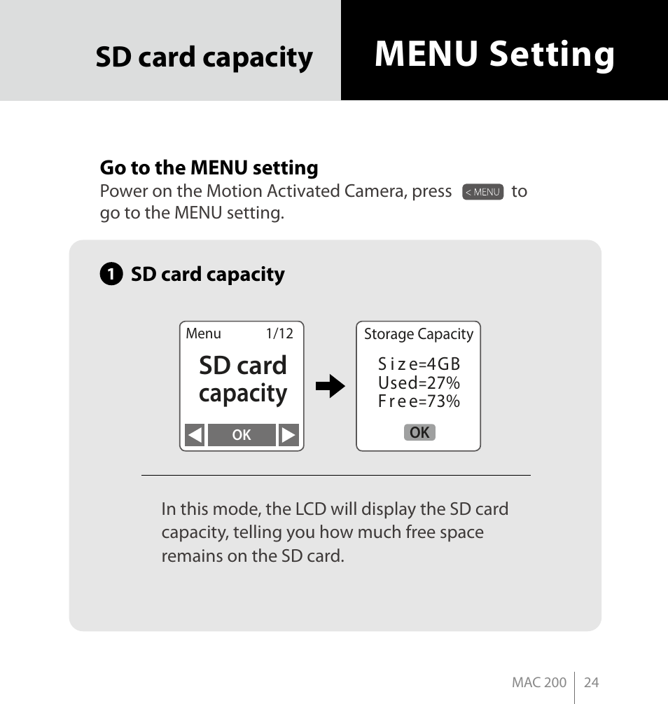 Menu setting, Sd card capacity | Brinno MAC200 User Manual | Page 31 / 52