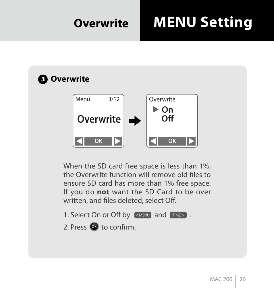 Menu setting, Overwrite | Brinno MAC200 User Manual | Page 33 / 52